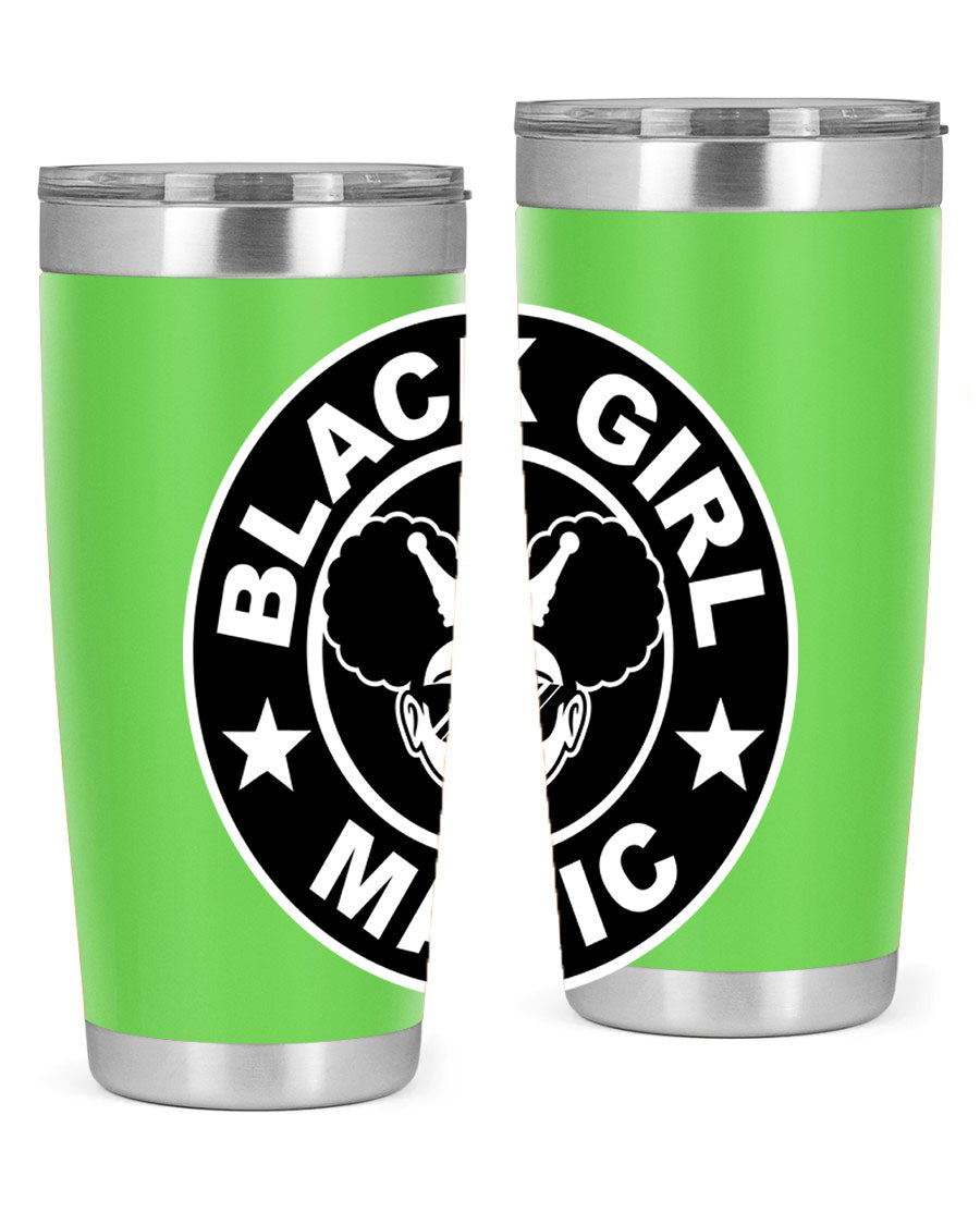 Black Girl Magic Coffee Tumblers in 20oz and 30oz sizes, showcasing their sleek stainless steel design and vibrant printed graphics.