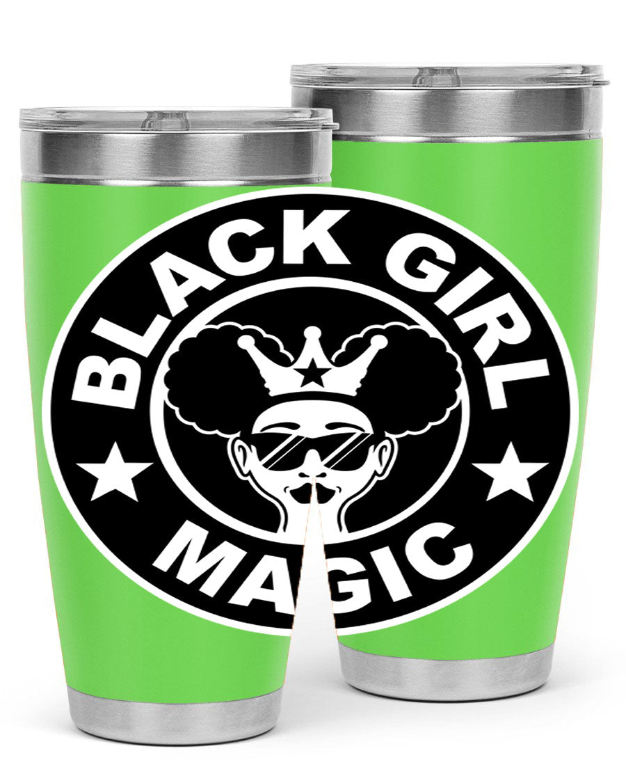 Black Girl Magic Coffee Tumblers in 20oz and 30oz sizes, showcasing their sleek stainless steel design and vibrant printed graphics.