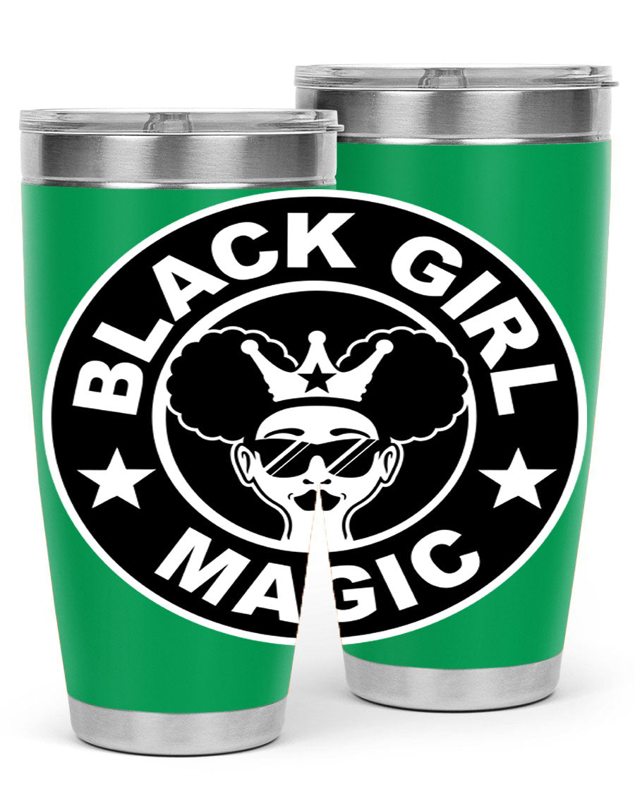 Black Girl Magic Coffee Tumblers in 20oz and 30oz sizes, showcasing their sleek stainless steel design and vibrant printed graphics.