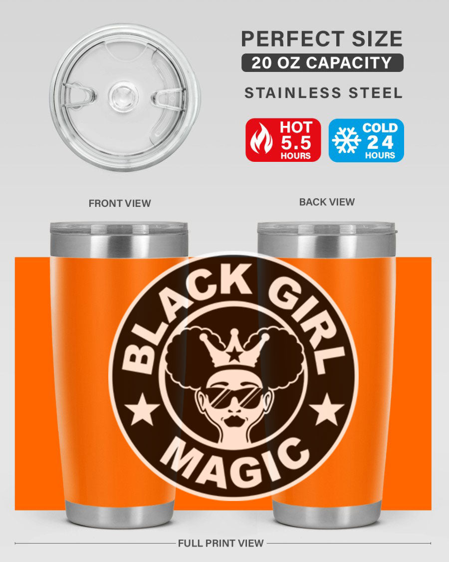 Black Girl Magic Coffee Tumblers in 20oz and 30oz sizes, showcasing their sleek stainless steel design and vibrant printed graphics.