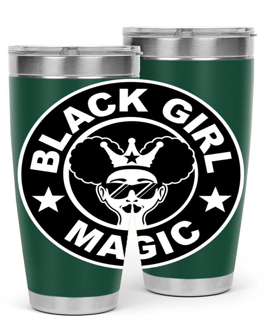 Black Girl Magic Coffee Tumblers in 20oz and 30oz sizes, showcasing their sleek stainless steel design and vibrant printed graphics.