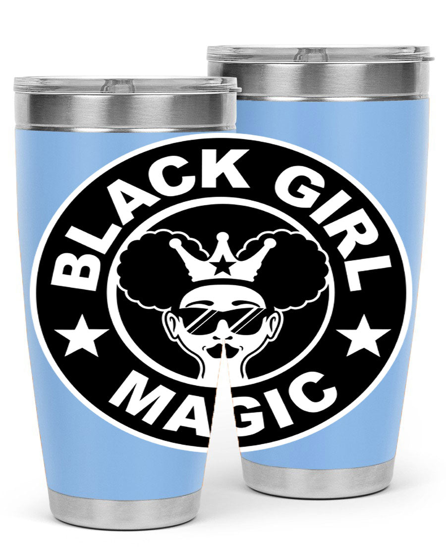 Black Girl Magic Coffee Tumblers in 20oz and 30oz sizes, showcasing their sleek stainless steel design and vibrant printed graphics.