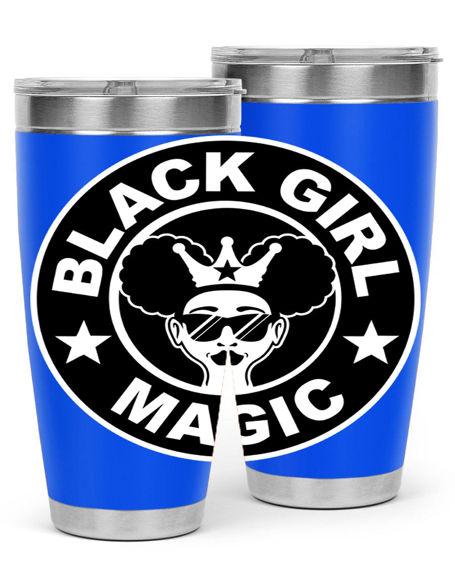 Black Girl Magic Coffee Tumblers in 20oz and 30oz sizes, showcasing their sleek stainless steel design and vibrant printed graphics.