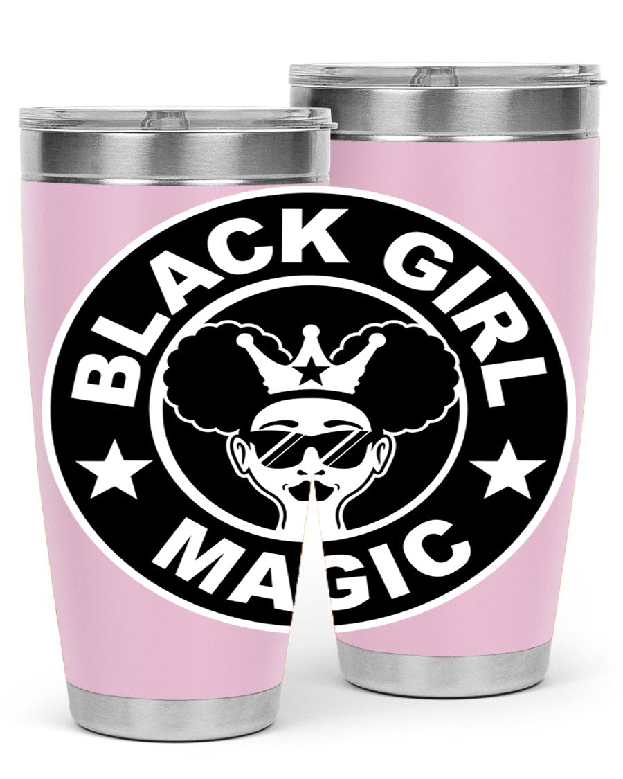 Black Girl Magic Coffee Tumblers in 20oz and 30oz sizes, showcasing their sleek stainless steel design and vibrant printed graphics.