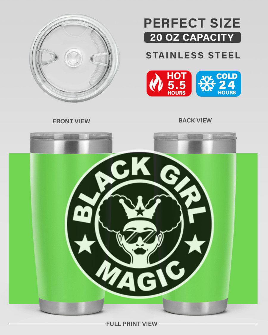 Black Girl Magic Coffee Tumblers in 20oz and 30oz sizes, showcasing their sleek stainless steel design and vibrant printed graphics.