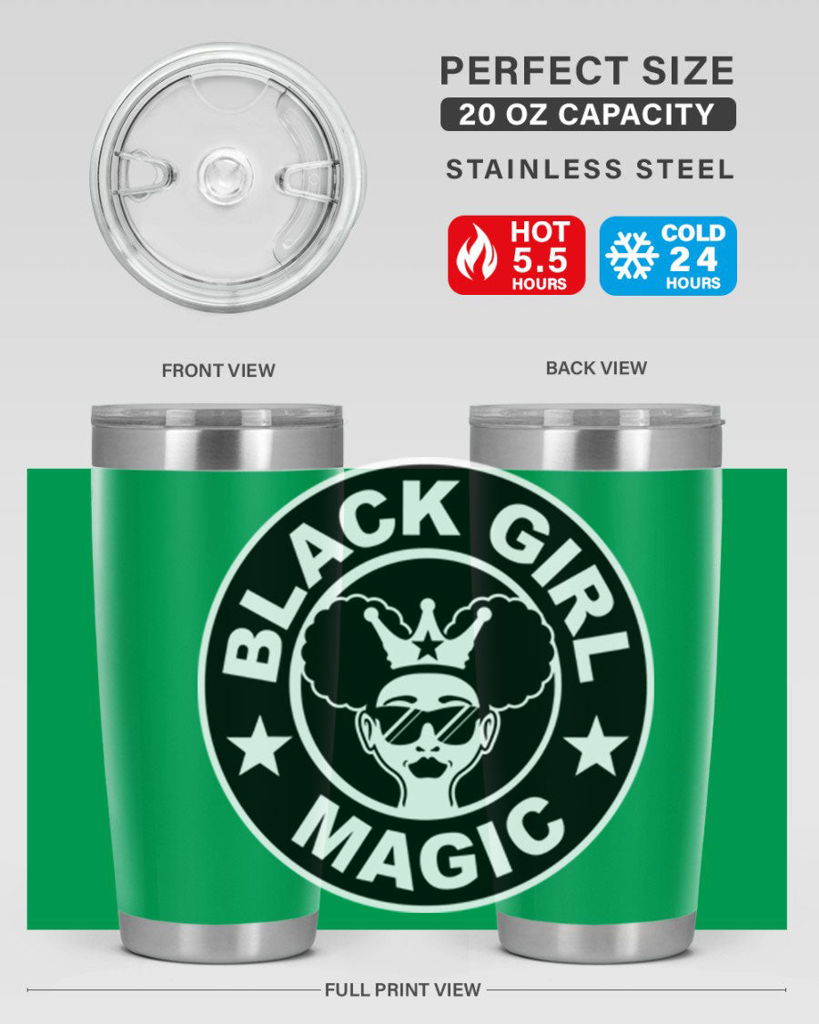 Black Girl Magic Coffee Tumblers in 20oz and 30oz sizes, showcasing their sleek stainless steel design and vibrant printed graphics.