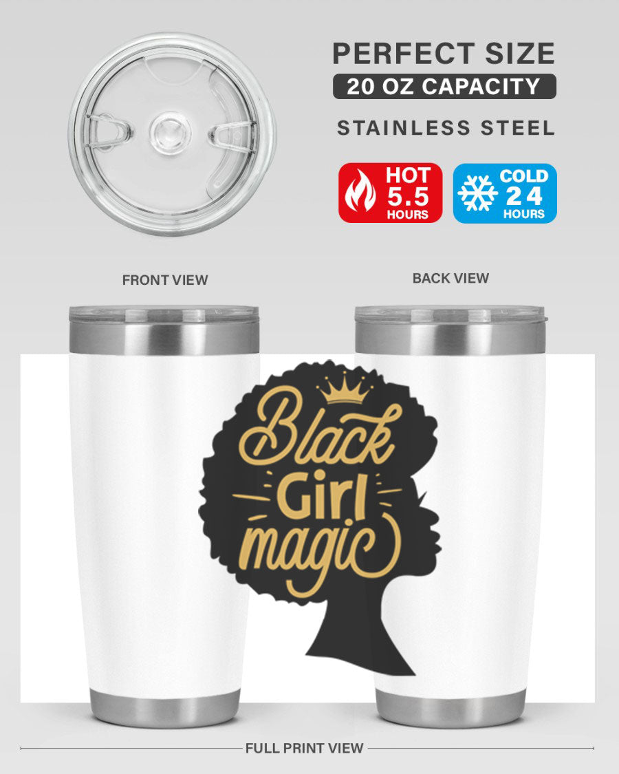 Black Girl Magic 20oz tumbler featuring a stylish design, double wall vacuum insulation, and a press-in lid, perfect for hot and cold beverages.