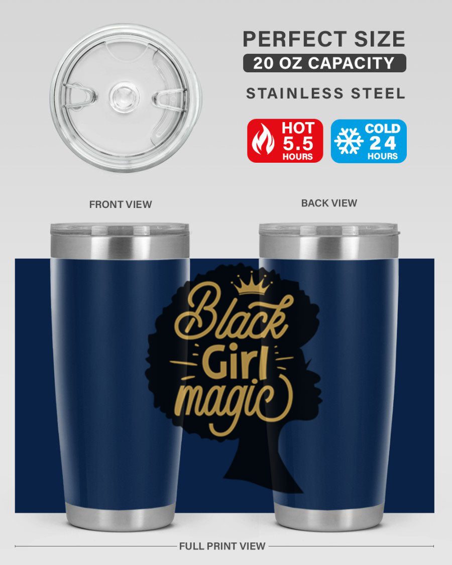 Black Girl Magic 20oz tumbler featuring a stylish design, double wall vacuum insulation, and a press-in lid, perfect for hot and cold beverages.