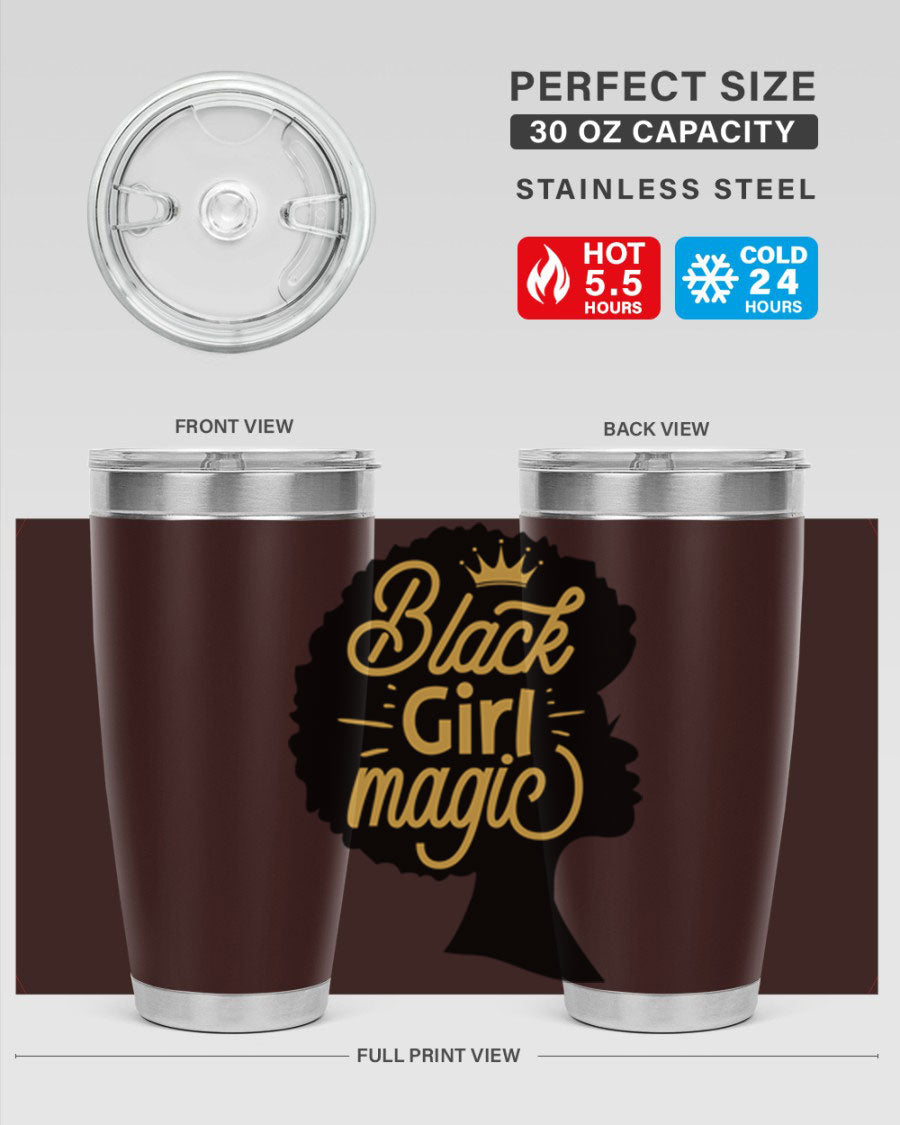 Black Girl Magic 20oz tumbler featuring a stylish design, double wall vacuum insulation, and a press-in lid, perfect for hot and cold beverages.