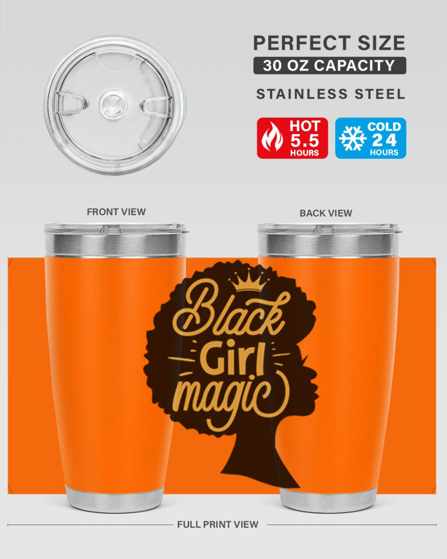 Black Girl Magic 20oz tumbler featuring a stylish design, double wall vacuum insulation, and a press-in lid, perfect for hot and cold beverages.