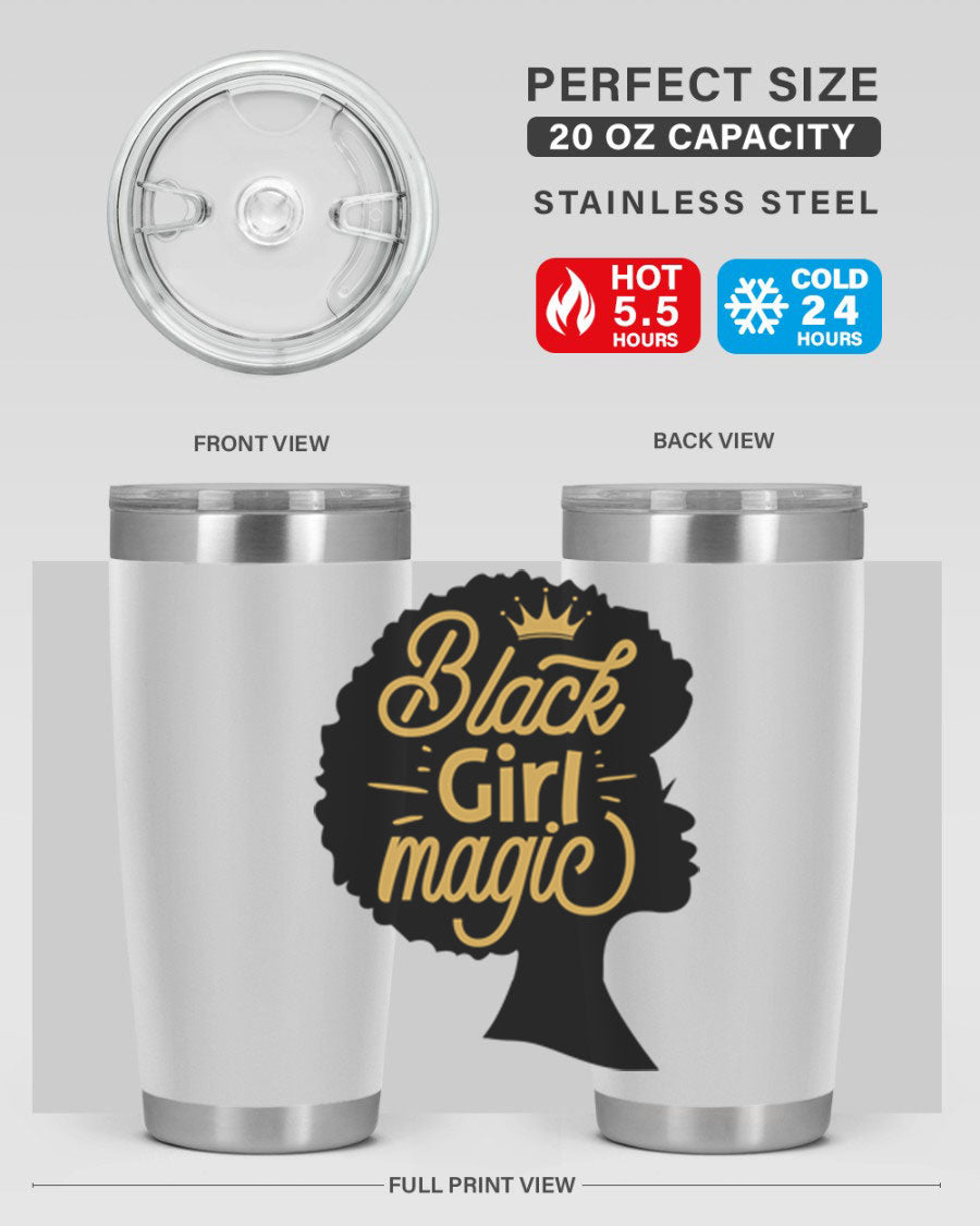 Black Girl Magic 20oz tumbler featuring a stylish design, double wall vacuum insulation, and a press-in lid, perfect for hot and cold beverages.