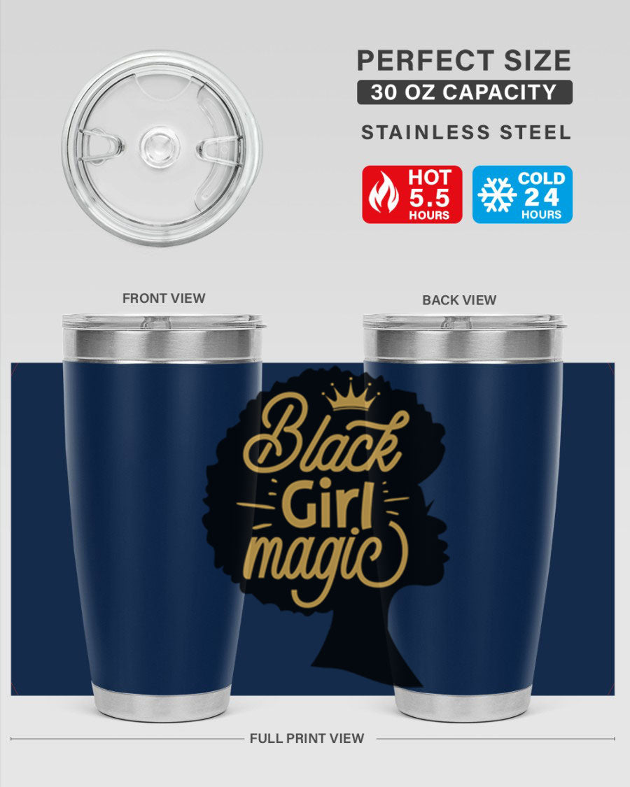 Black Girl Magic 20oz tumbler featuring a stylish design, double wall vacuum insulation, and a press-in lid, perfect for hot and cold beverages.