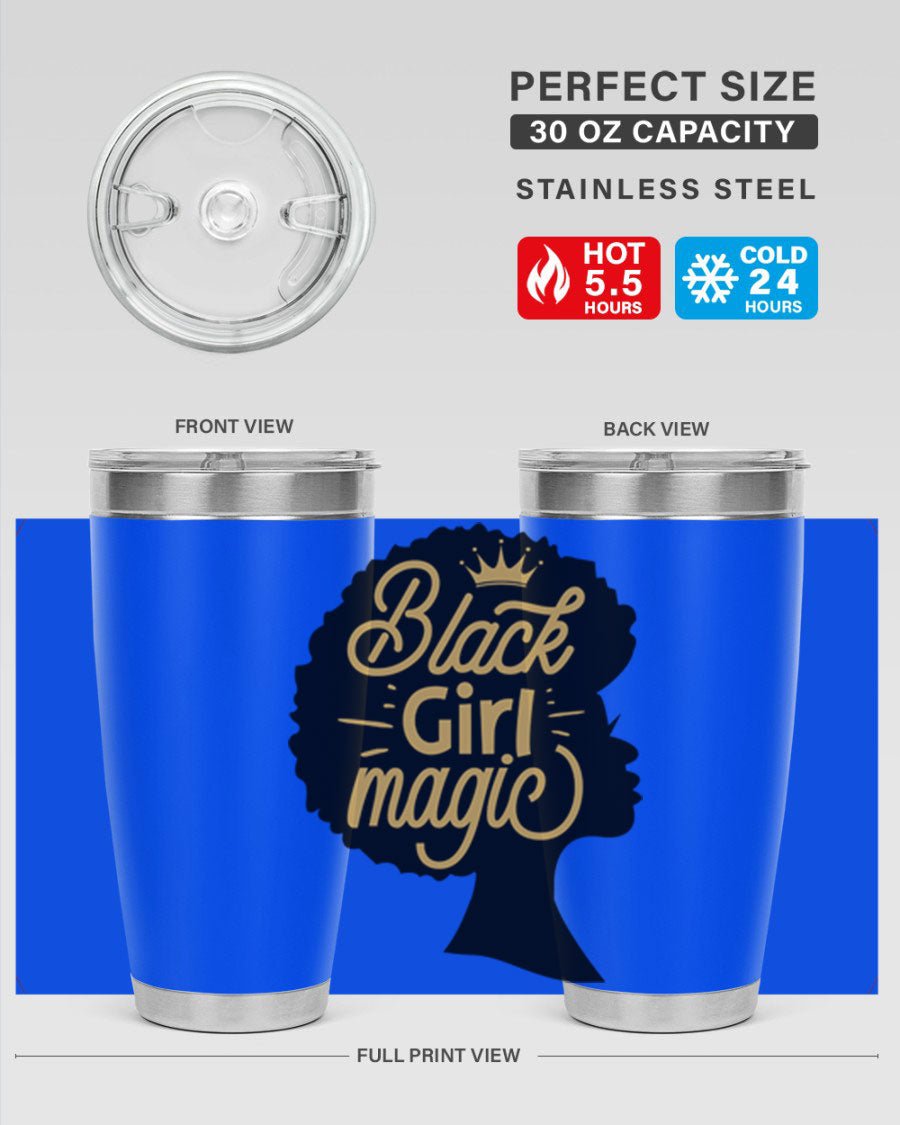 Black Girl Magic 20oz tumbler featuring a stylish design, double wall vacuum insulation, and a press-in lid, perfect for hot and cold beverages.