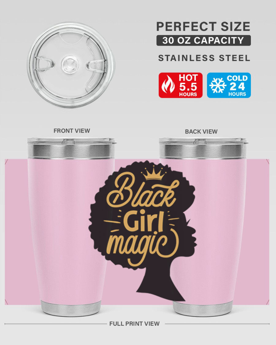 Black Girl Magic 20oz tumbler featuring a stylish design, double wall vacuum insulation, and a press-in lid, perfect for hot and cold beverages.