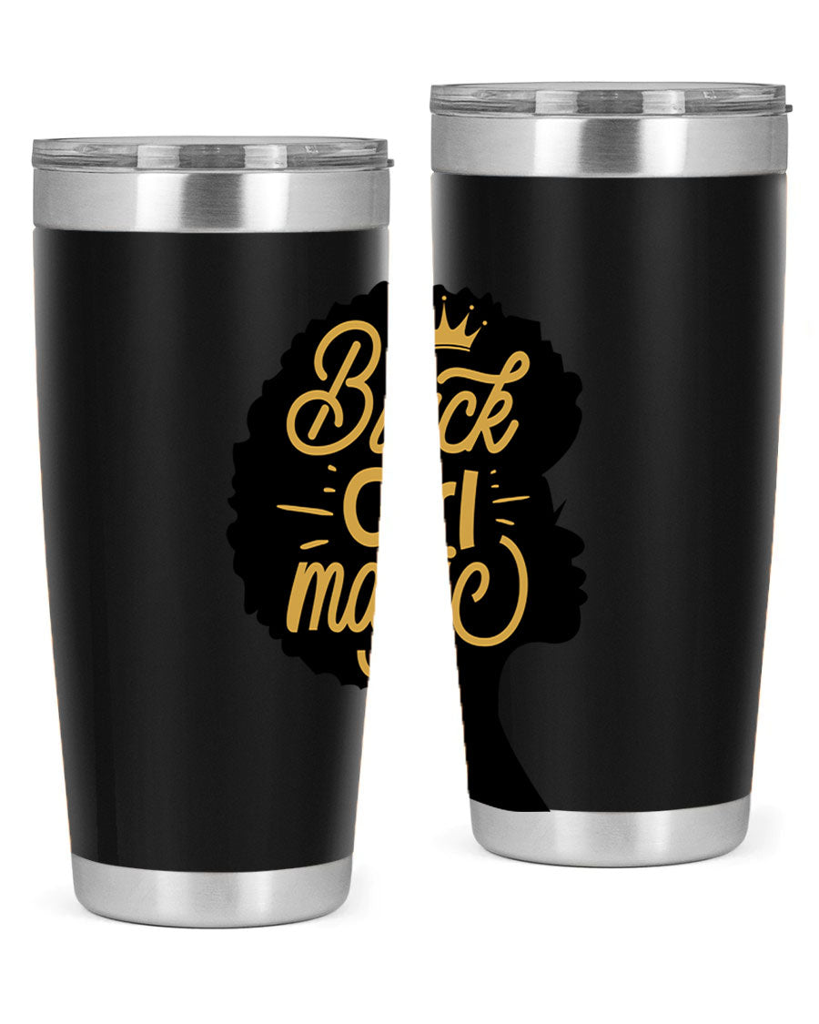 Black Girl Magic 20oz tumbler featuring a stylish design, double wall vacuum insulation, and a press-in lid, perfect for hot and cold beverages.