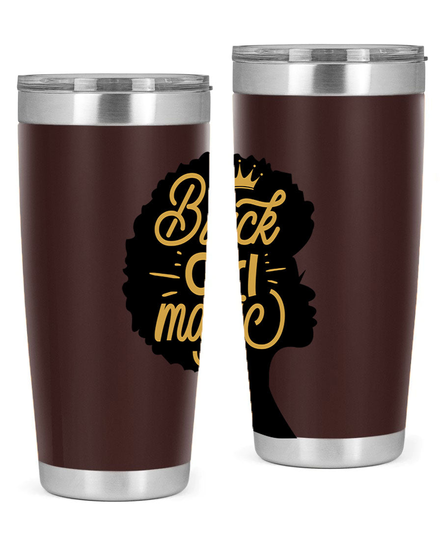 Black Girl Magic 20oz tumbler featuring a stylish design, double wall vacuum insulation, and a press-in lid, perfect for hot and cold beverages.