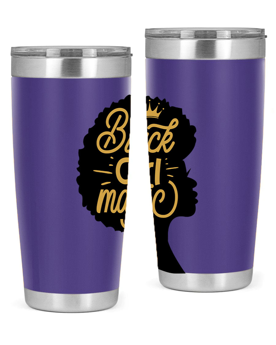 Black Girl Magic 20oz tumbler featuring a stylish design, double wall vacuum insulation, and a press-in lid, perfect for hot and cold beverages.