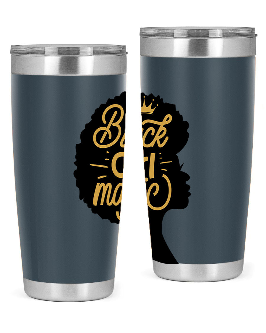 Black Girl Magic 20oz tumbler featuring a stylish design, double wall vacuum insulation, and a press-in lid, perfect for hot and cold beverages.