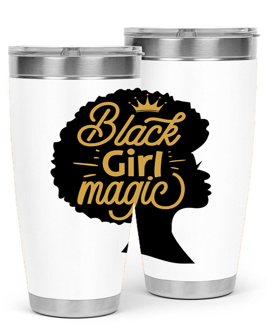 Black Girl Magic 20oz tumbler featuring a stylish design, double wall vacuum insulation, and a press-in lid, perfect for hot and cold beverages.