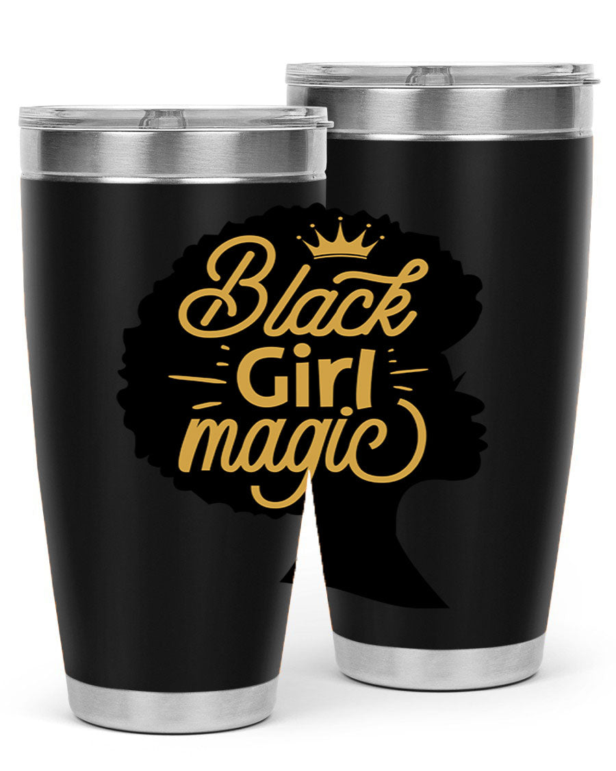 Black Girl Magic 20oz tumbler featuring a stylish design, double wall vacuum insulation, and a press-in lid, perfect for hot and cold beverages.