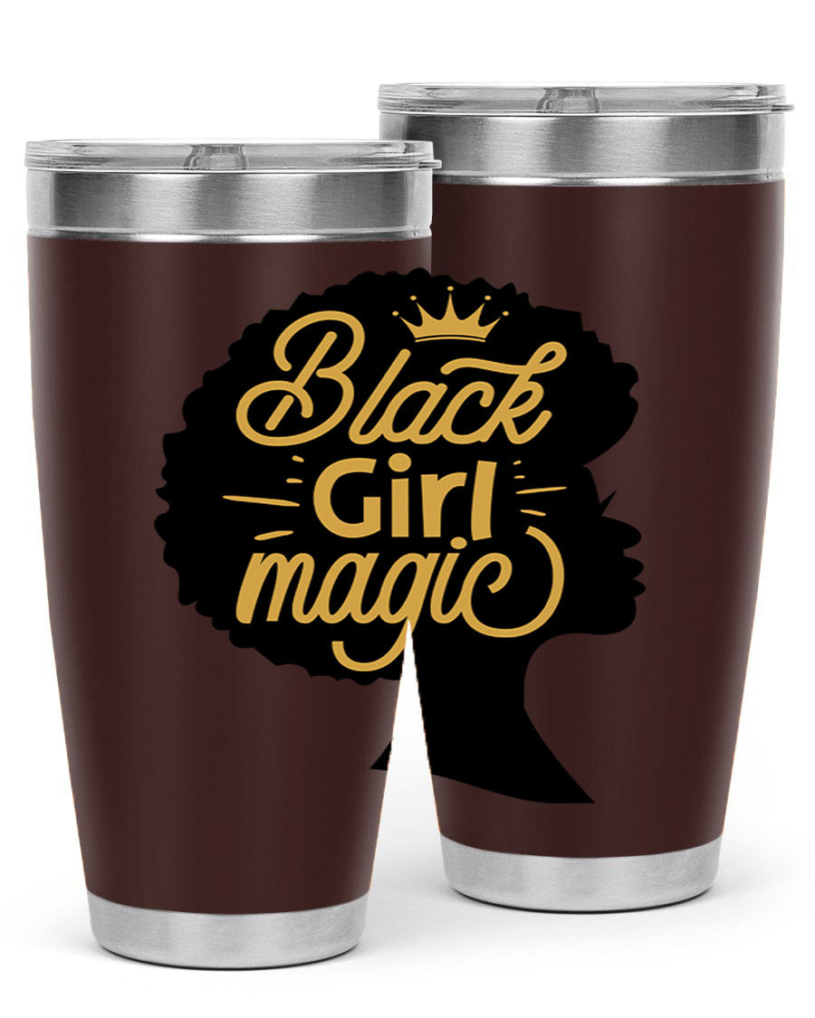 Black Girl Magic 20oz tumbler featuring a stylish design, double wall vacuum insulation, and a press-in lid, perfect for hot and cold beverages.