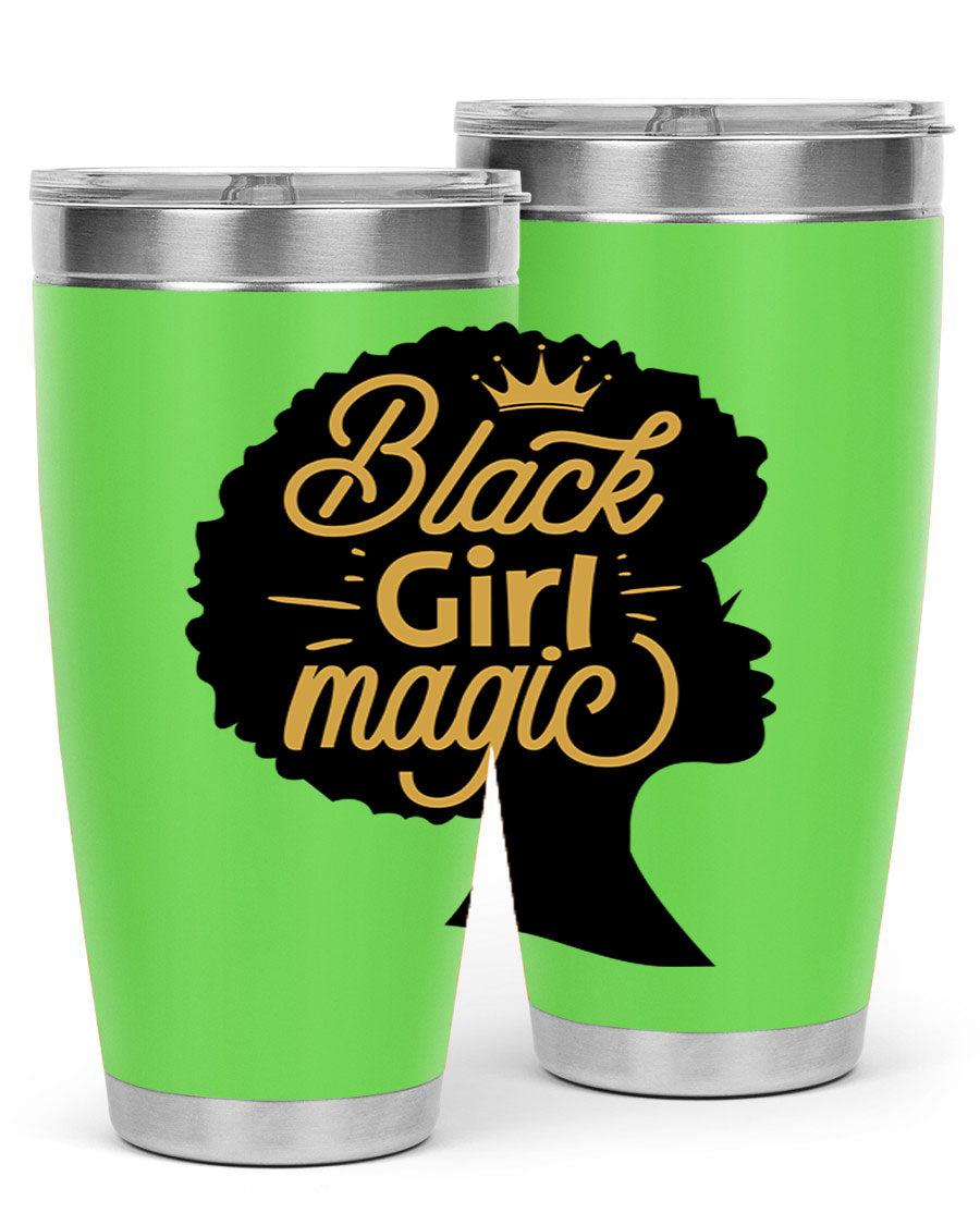 Black Girl Magic 20oz tumbler featuring a stylish design, double wall vacuum insulation, and a press-in lid, perfect for hot and cold beverages.