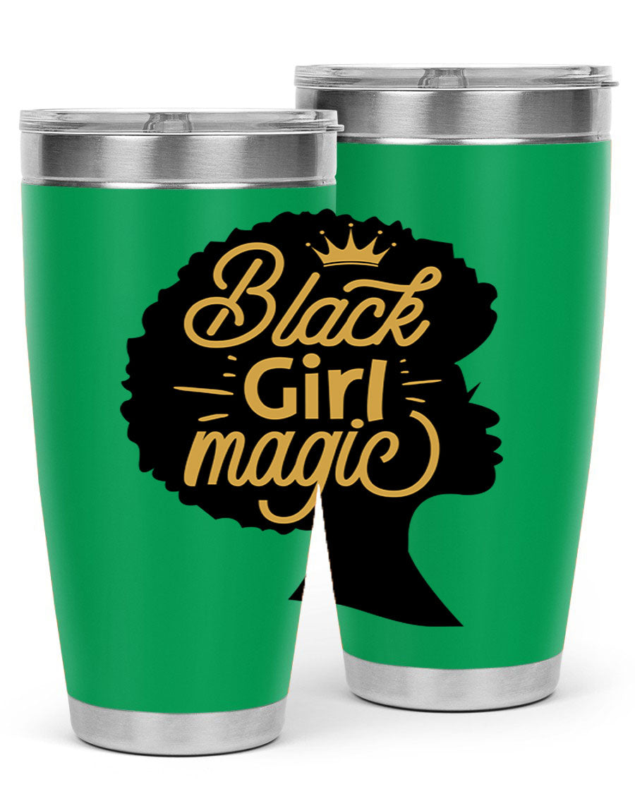 Black Girl Magic 20oz tumbler featuring a stylish design, double wall vacuum insulation, and a press-in lid, perfect for hot and cold beverages.