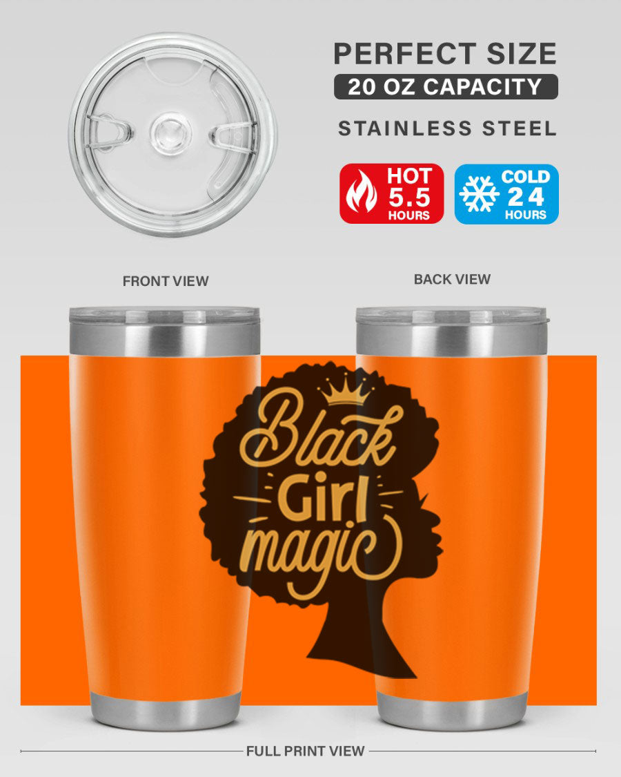 Black Girl Magic 20oz tumbler featuring a stylish design, double wall vacuum insulation, and a press-in lid, perfect for hot and cold beverages.