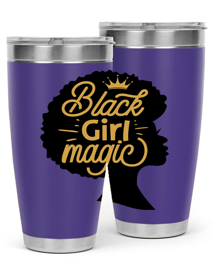 Black Girl Magic 20oz tumbler featuring a stylish design, double wall vacuum insulation, and a press-in lid, perfect for hot and cold beverages.