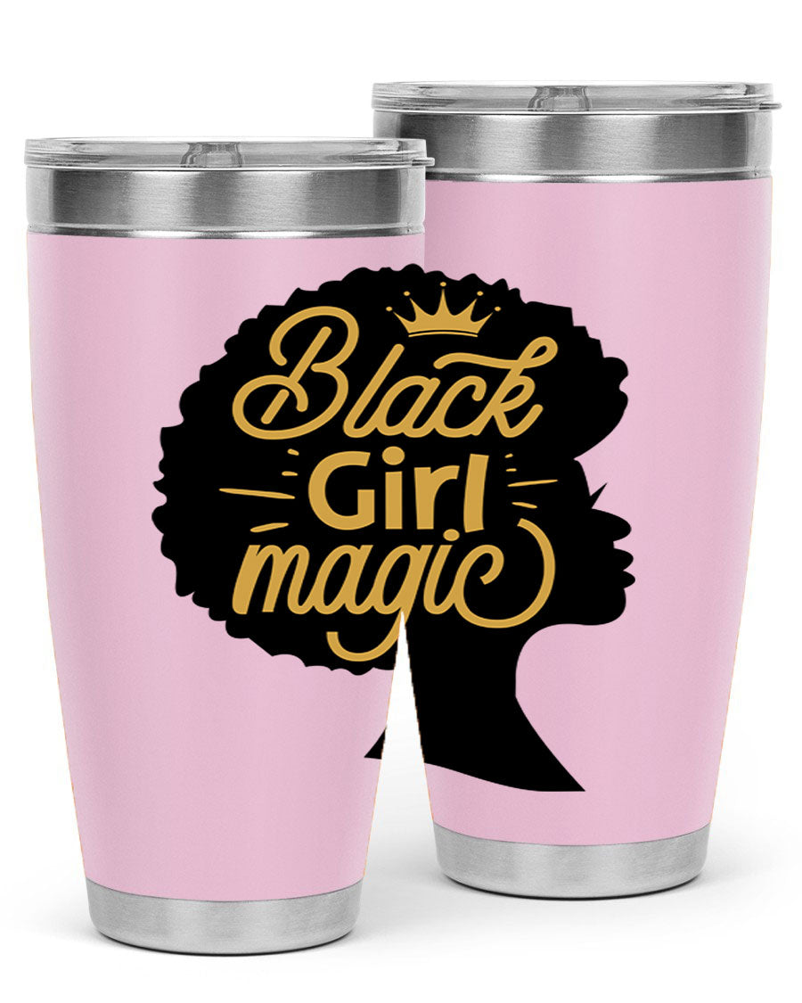 Black Girl Magic 20oz tumbler featuring a stylish design, double wall vacuum insulation, and a press-in lid, perfect for hot and cold beverages.