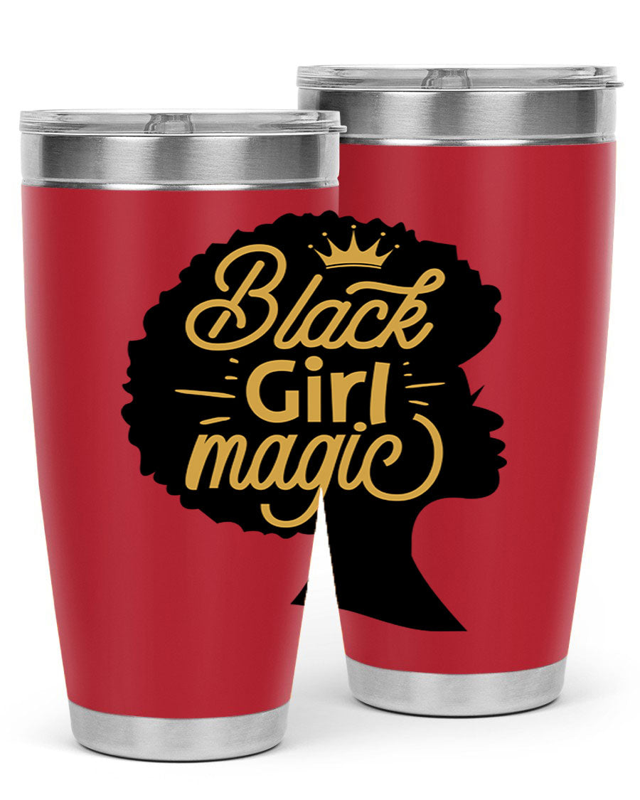 Black Girl Magic 20oz tumbler featuring a stylish design, double wall vacuum insulation, and a press-in lid, perfect for hot and cold beverages.