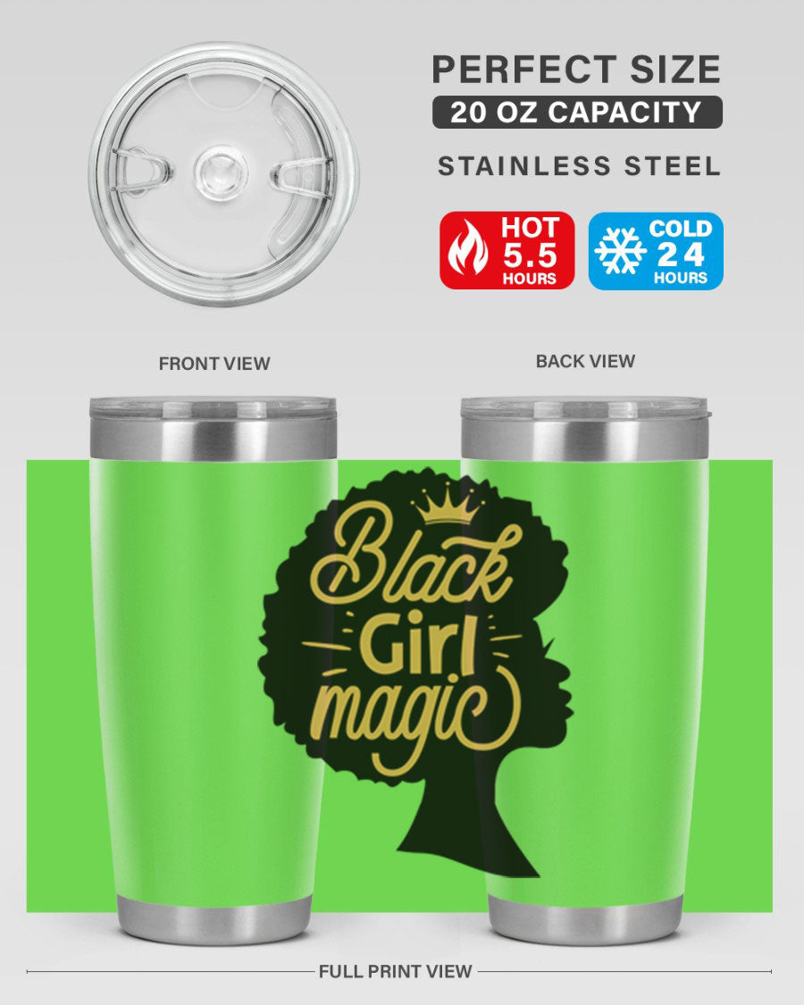 Black Girl Magic 20oz tumbler featuring a stylish design, double wall vacuum insulation, and a press-in lid, perfect for hot and cold beverages.