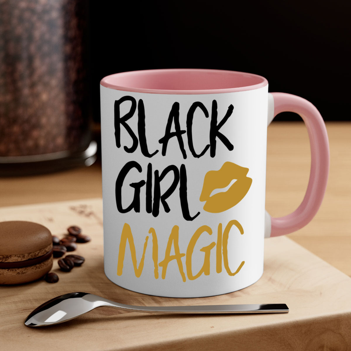 Black Girl Magic Lips Cocoandbanana Mug with colorful handle and glossy finish, available in multiple colors and sizes.