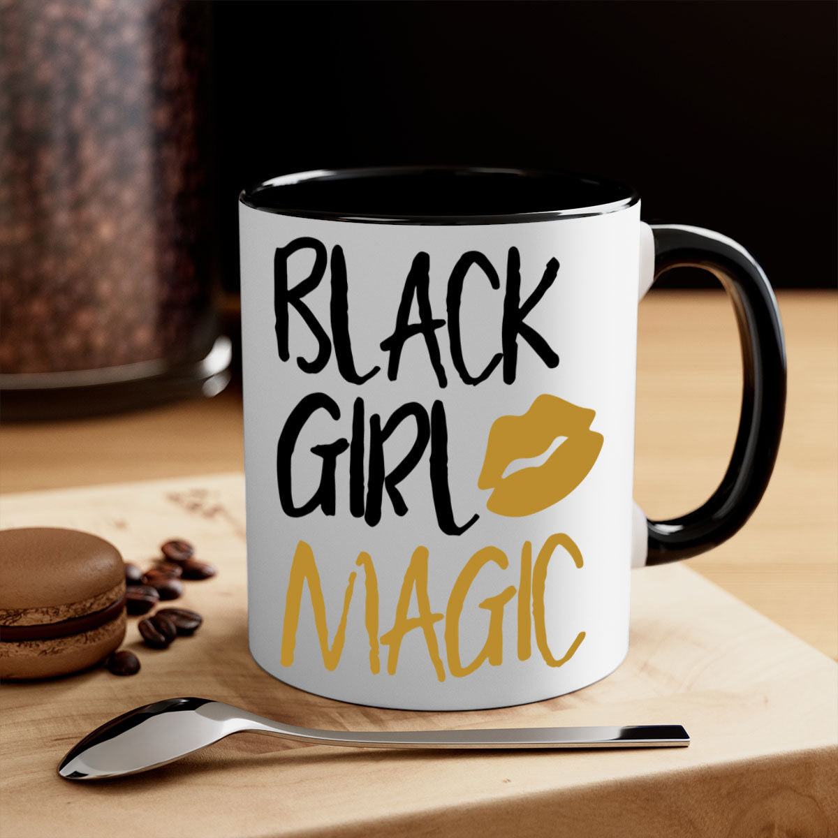 Black Girl Magic Lips Cocoandbanana Mug with colorful handle and glossy finish, available in multiple colors and sizes.