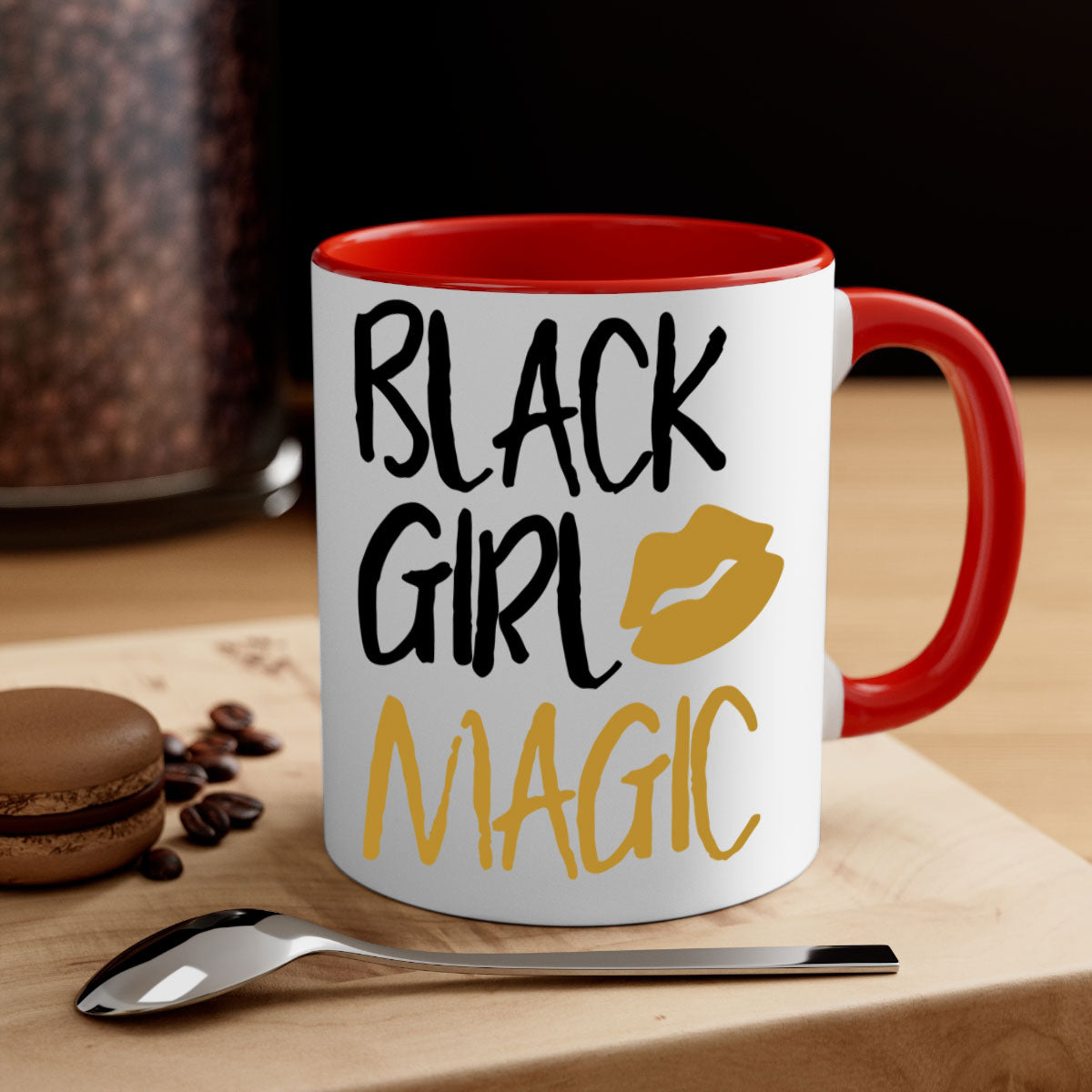 Black Girl Magic Lips Cocoandbanana Mug with colorful handle and glossy finish, available in multiple colors and sizes.