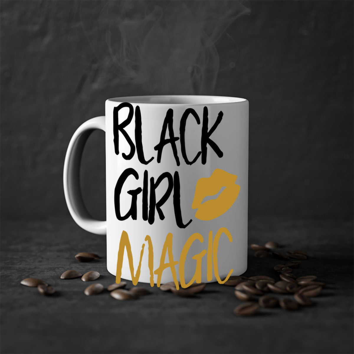 Black Girl Magic Lips Cocoandbanana Mug with colorful handle and glossy finish, available in multiple colors and sizes.