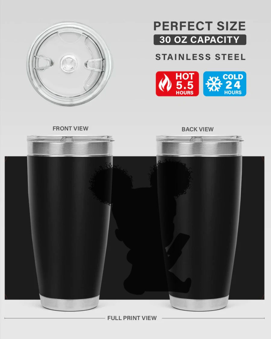 Black Girl Style 20oz Tumbler featuring double wall vacuum stainless steel with a stylish design, perfect for hot and cold beverages.