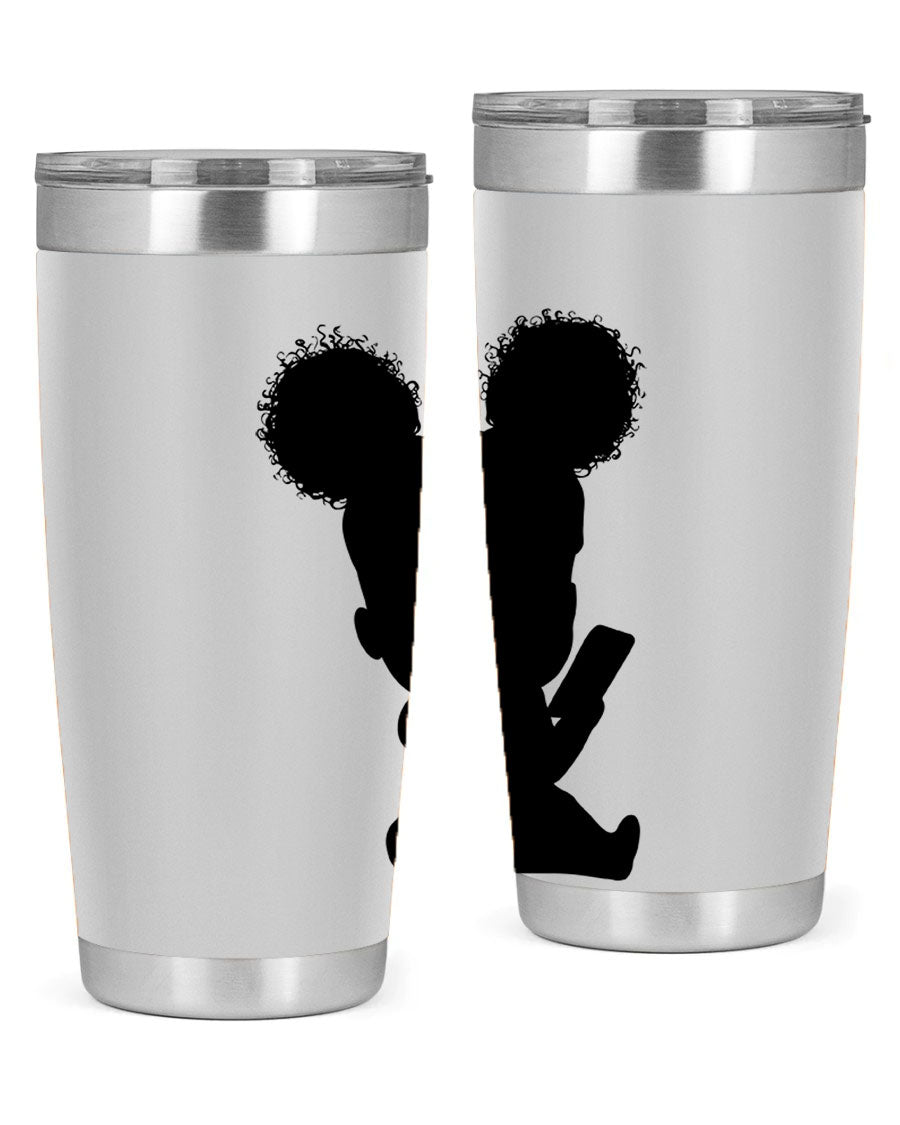 Black Girl Style 20oz Tumbler featuring double wall vacuum stainless steel with a stylish design, perfect for hot and cold beverages.