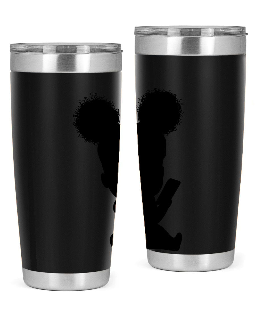 Black Girl Style 20oz Tumbler featuring double wall vacuum stainless steel with a stylish design, perfect for hot and cold beverages.