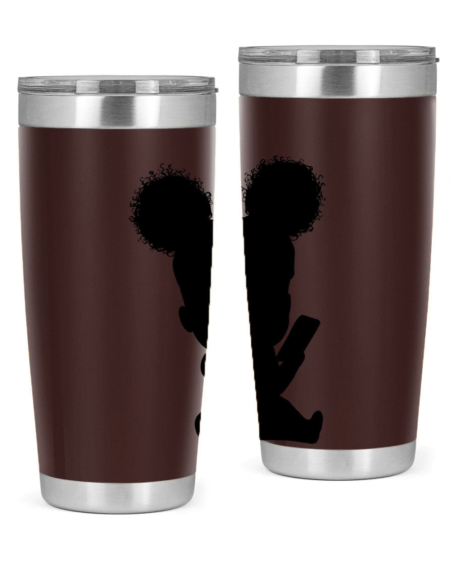 Black Girl Style 20oz Tumbler featuring double wall vacuum stainless steel with a stylish design, perfect for hot and cold beverages.