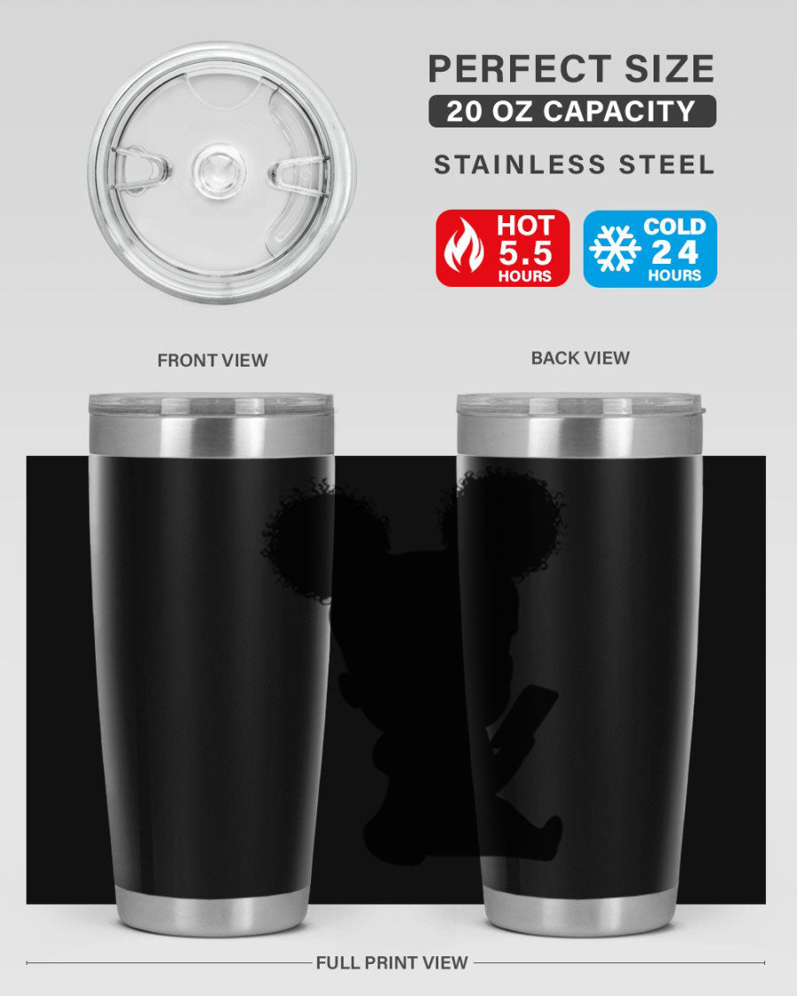 Black Girl Style 20oz Tumbler featuring double wall vacuum stainless steel with a stylish design, perfect for hot and cold beverages.