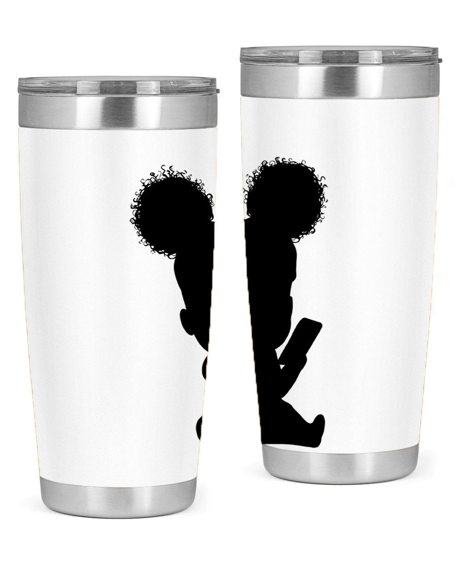 Black Girl Style 20oz Tumbler featuring double wall vacuum stainless steel with a stylish design, perfect for hot and cold beverages.