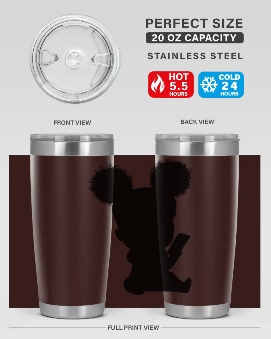 Black Girl Style 20oz Tumbler featuring double wall vacuum stainless steel with a stylish design, perfect for hot and cold beverages.