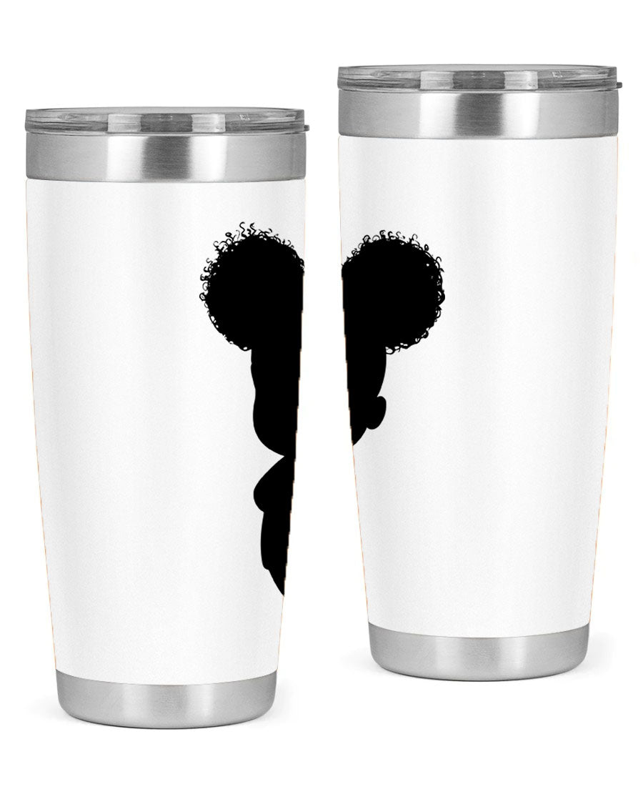 Black Girl Style 20oz Tumbler featuring double wall vacuum stainless steel with a stylish design, perfect for hot and cold beverages.