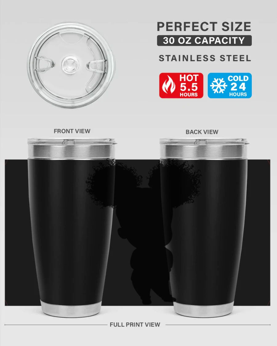 Black Girl Style 20oz Tumbler featuring double wall vacuum insulation, vibrant design, and a press-in lid, perfect for hot and cold beverages.