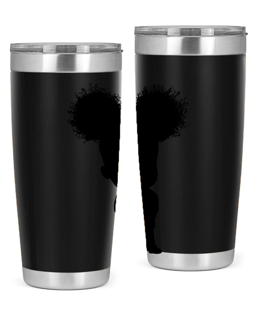 Black Girl Style 20oz Tumbler featuring double wall vacuum insulation, vibrant design, and a press-in lid, perfect for hot and cold beverages.