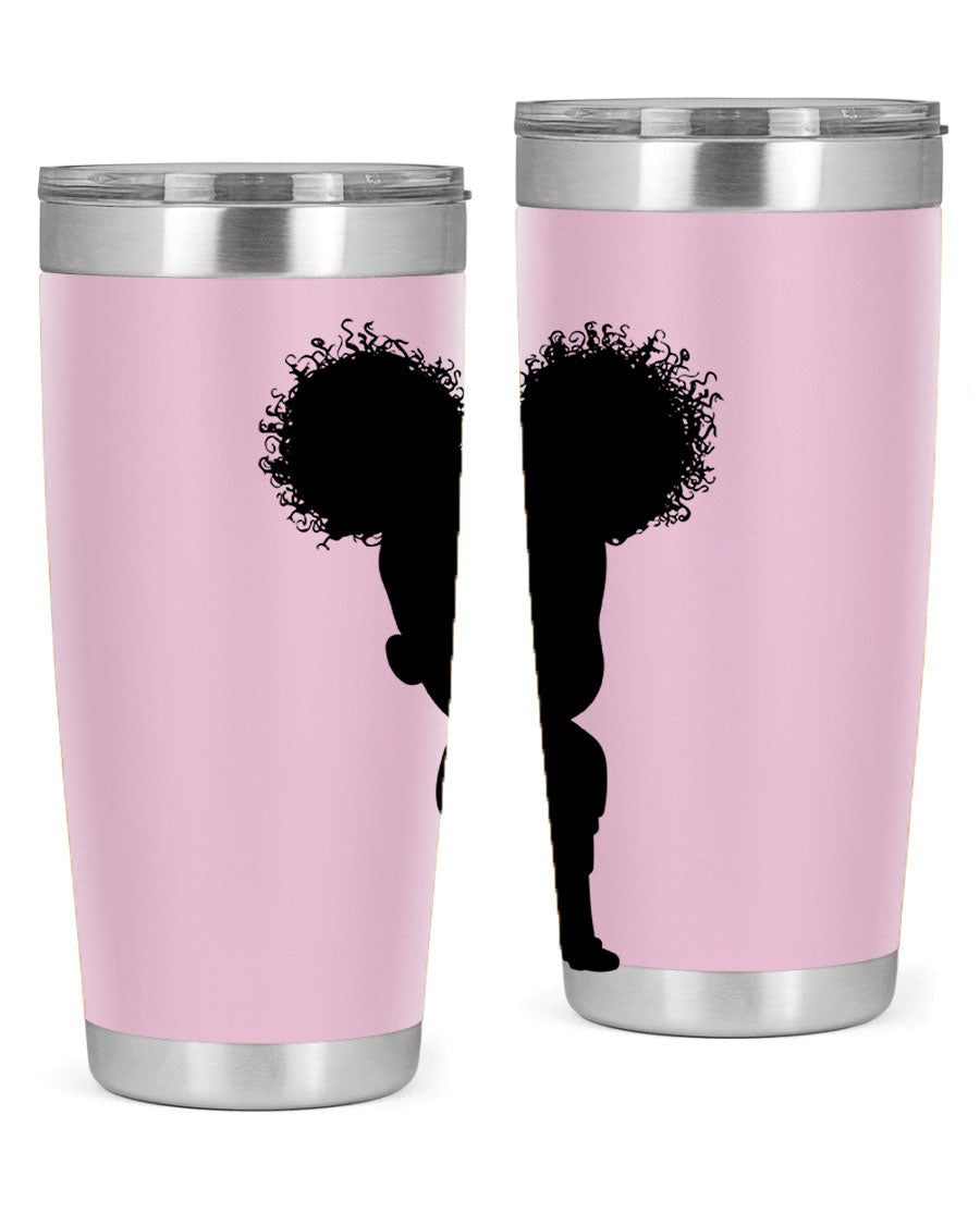 Black Girl Style 20oz Tumbler featuring double wall vacuum insulation, vibrant design, and a press-in lid, perfect for hot and cold beverages.