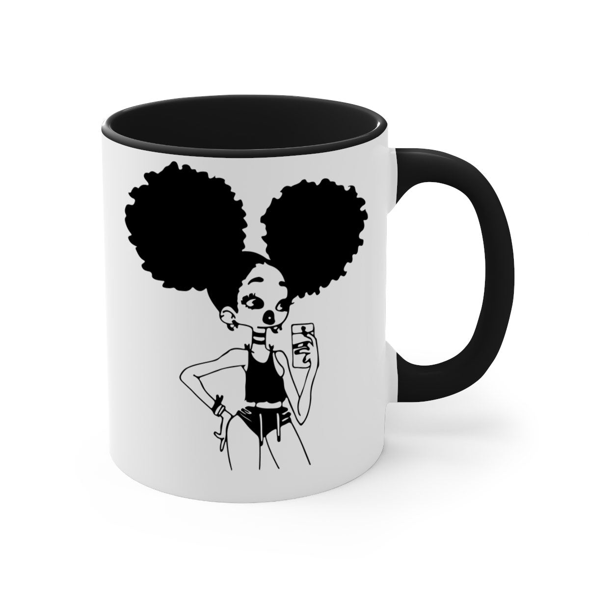 A stylish two-tone coffee mug featuring a black girl taking a mirror selfie, showcasing a glossy finish and colored handle.