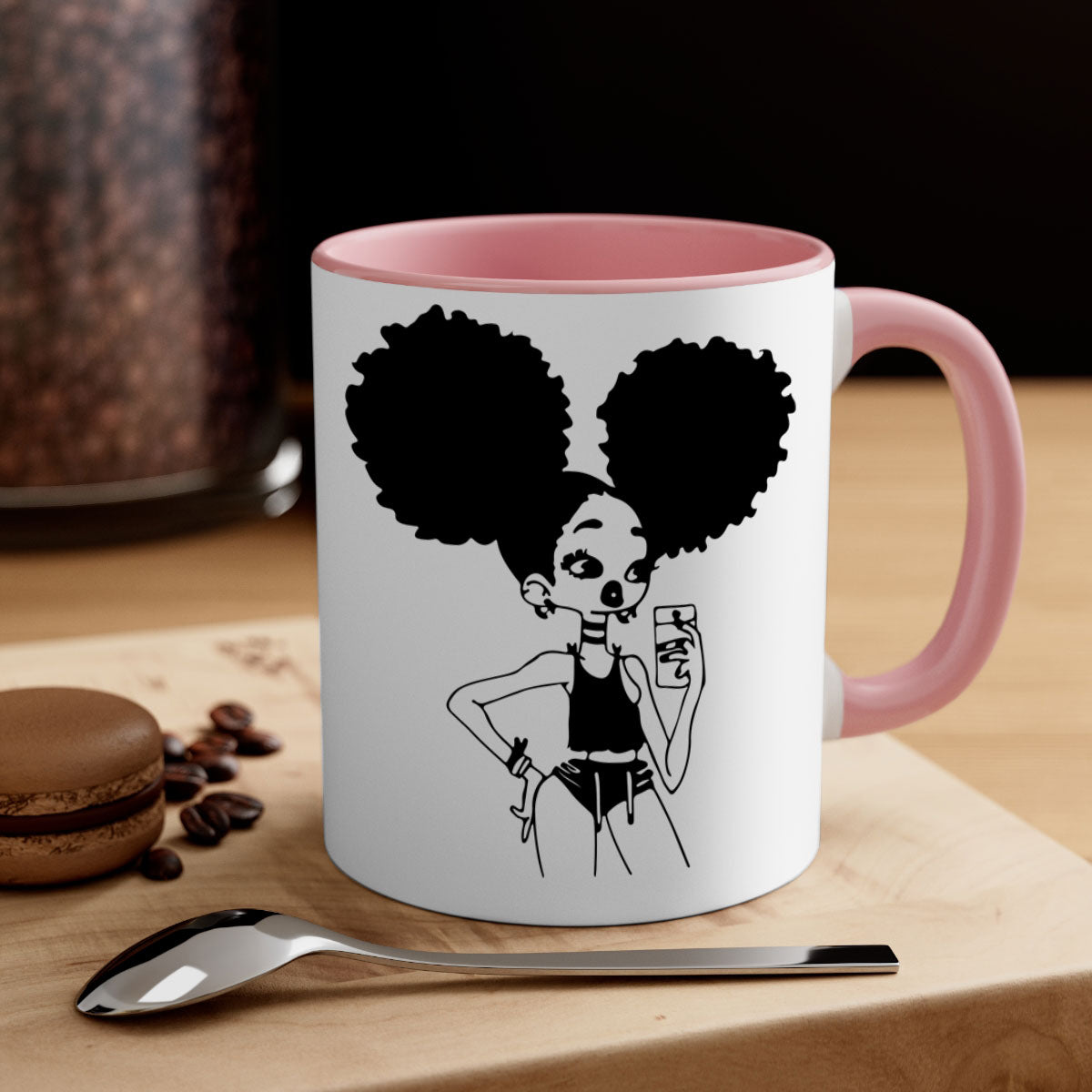 A stylish two-tone coffee mug featuring a black girl taking a mirror selfie, showcasing a glossy finish and colored handle.