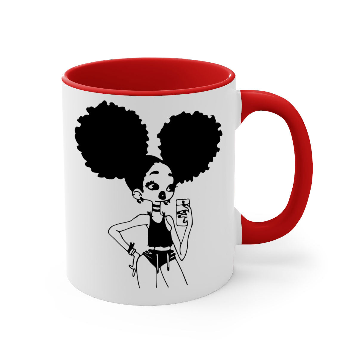 A stylish two-tone coffee mug featuring a black girl taking a mirror selfie, showcasing a glossy finish and colored handle.